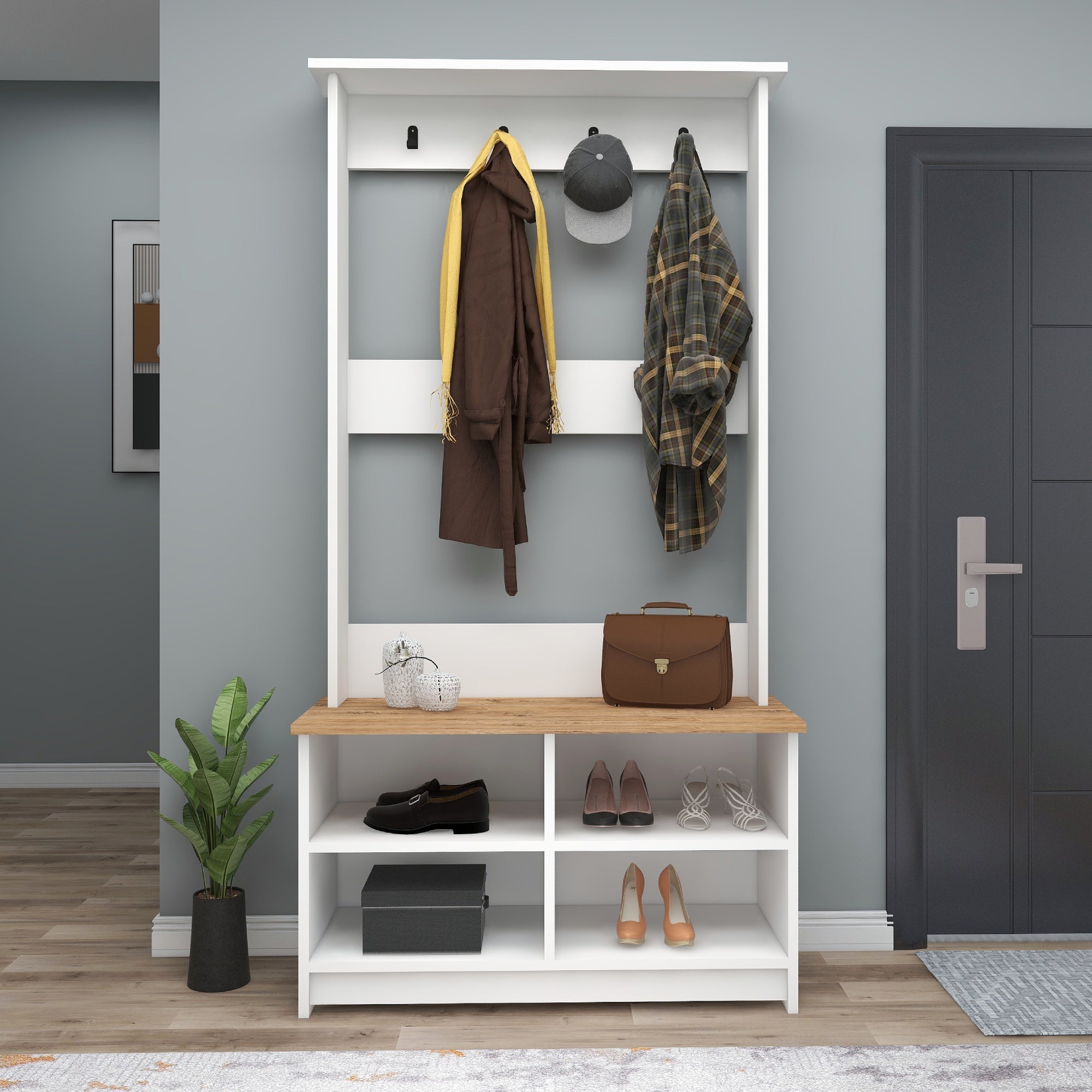Amelia Modern Hallways Coat Rack with 4 Shelves & Metal Hooks