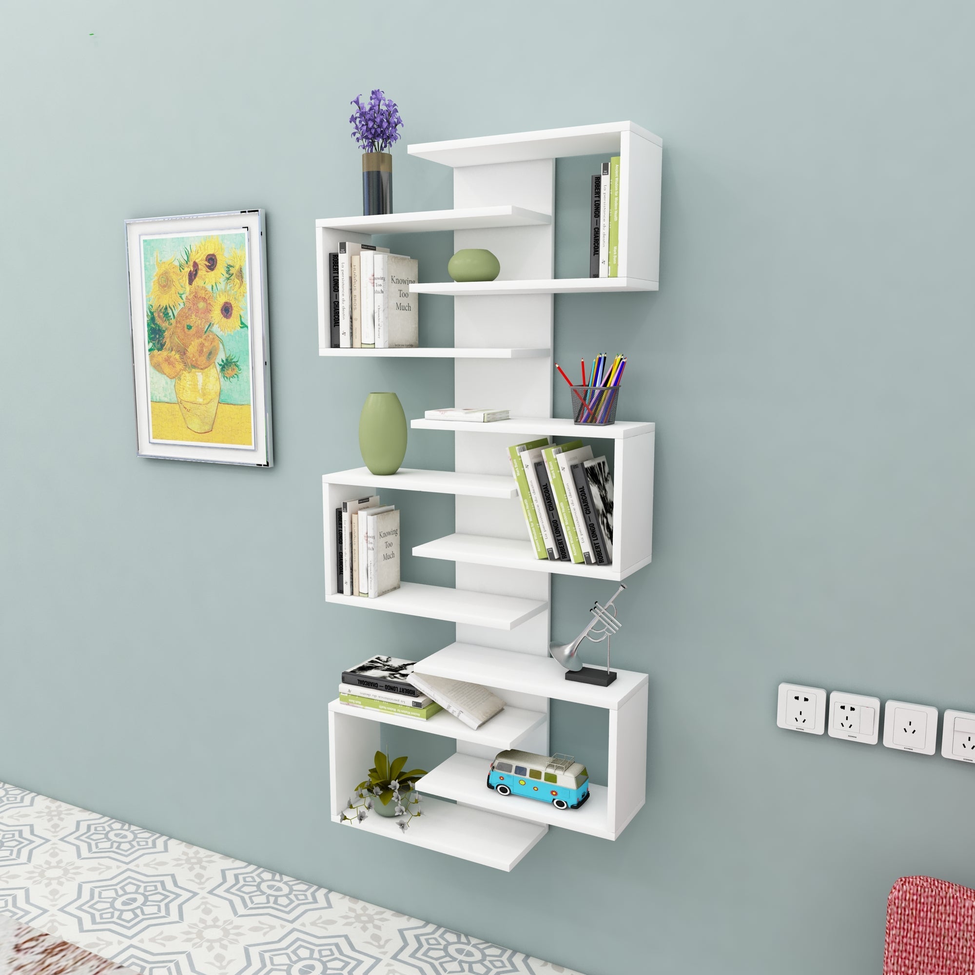 Floating Bookcase with Geometric Shelves Rozalin 161 cm Tall Wall Mounted Bookcase