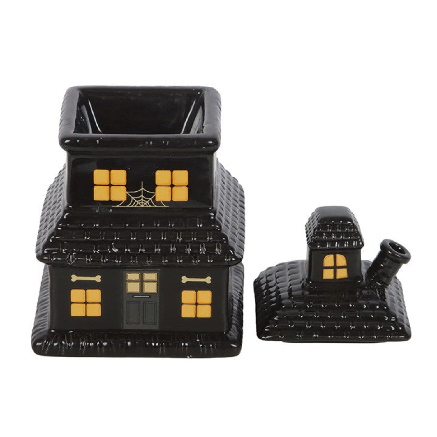 Black Halloween-themed candy house with yellow details on a white background