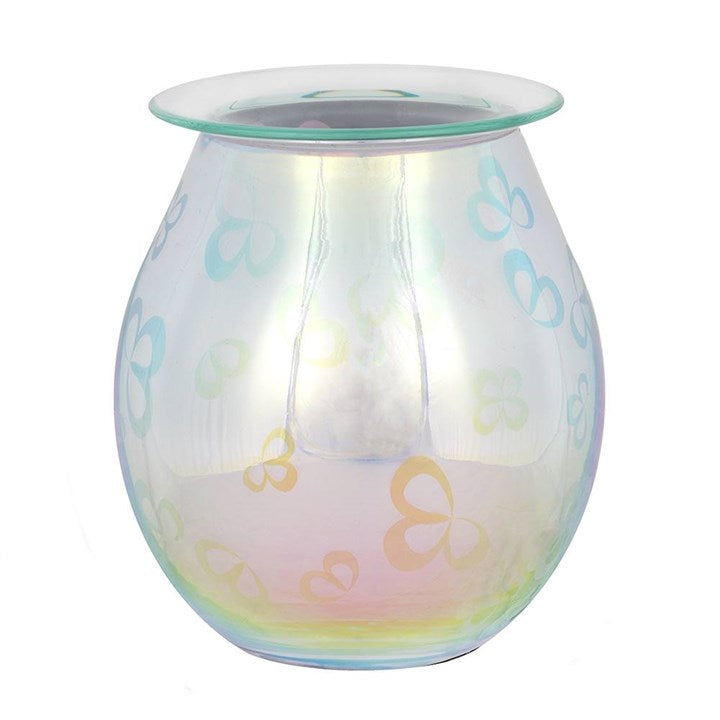 Iridescent glass diffuser with butterfly designs on a white background