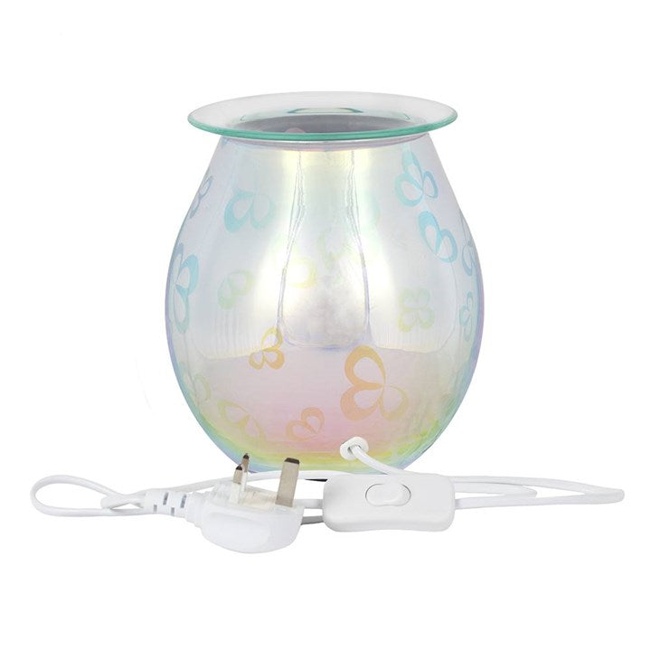 Iridescent glass lamp with butterfly design on a white background