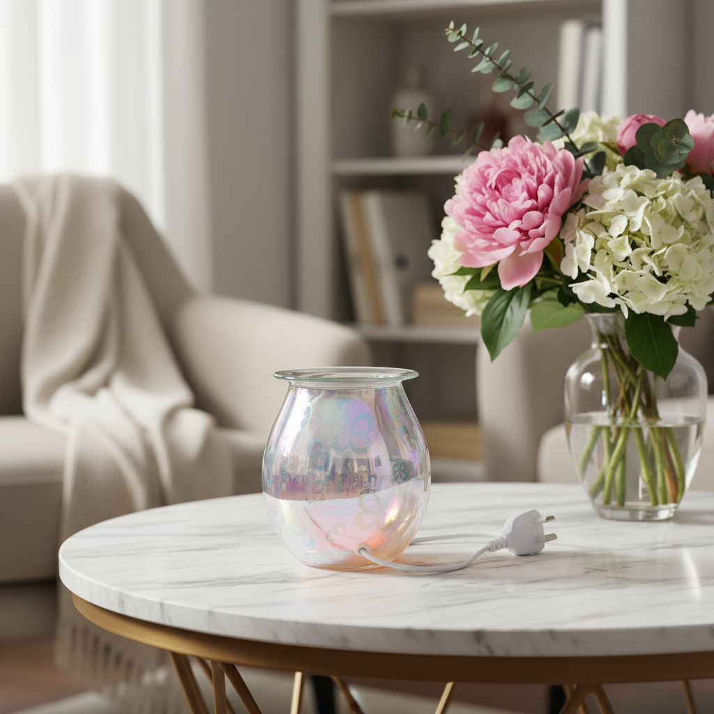 Decorative lamp and vase with flowers on a marble table in a living room.