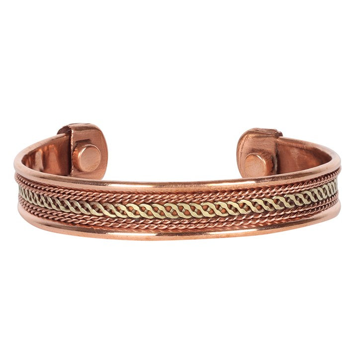Copper bracelet with gold accents on a white background