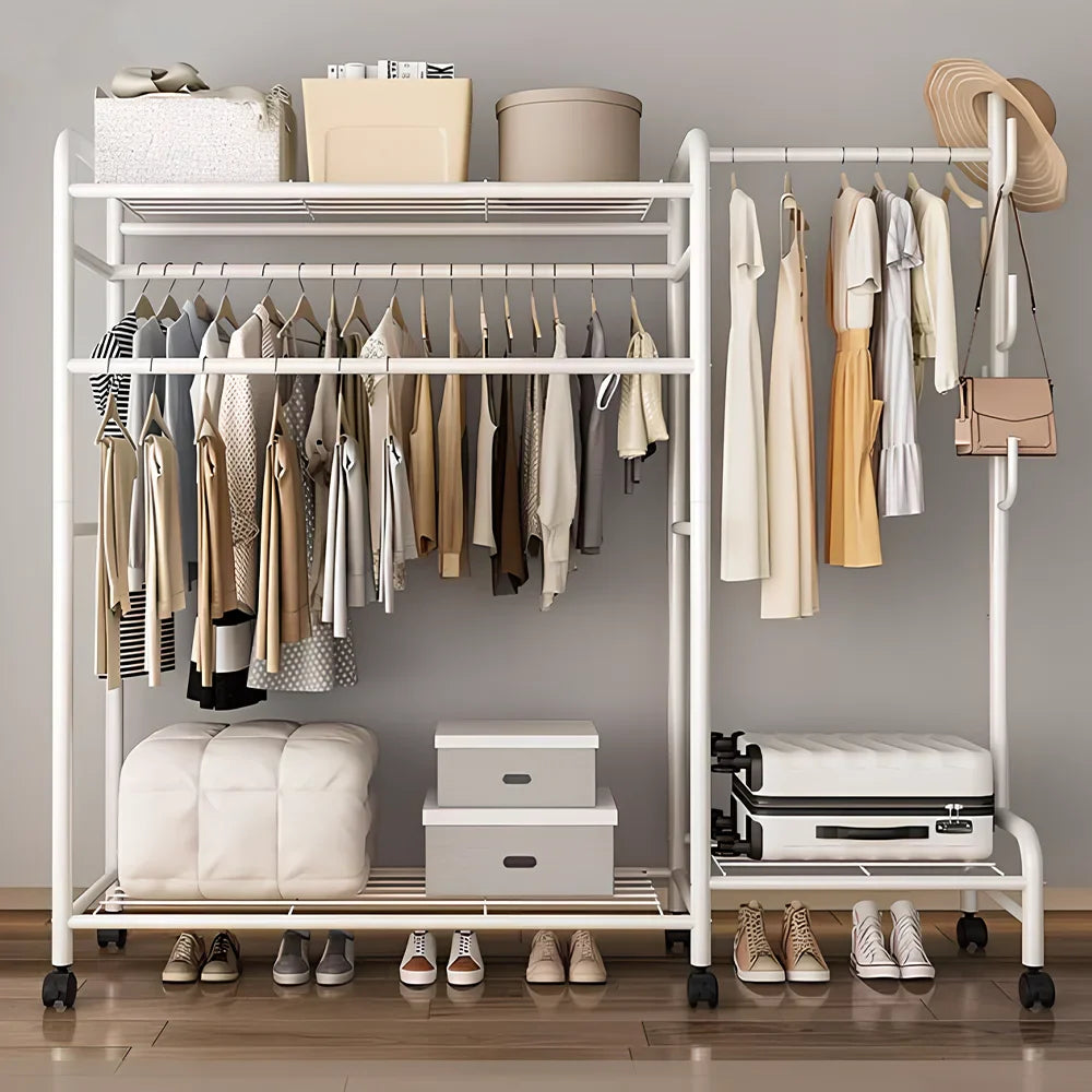 Coat Rack Movable Double Tier - Floor Standing Clothes Rail with Wheels for Bedroom Storage