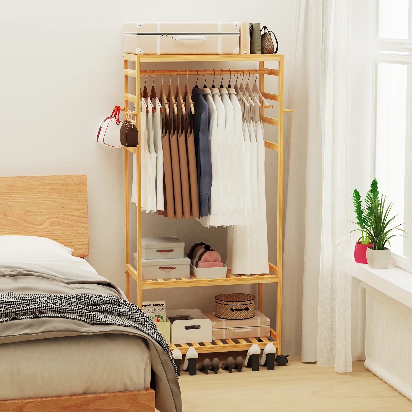 Heavy Duty Wooden Clothes Rail Rack Scarf Cap Garment Hanging Stand Side Hooks Corner Open Wardrobe