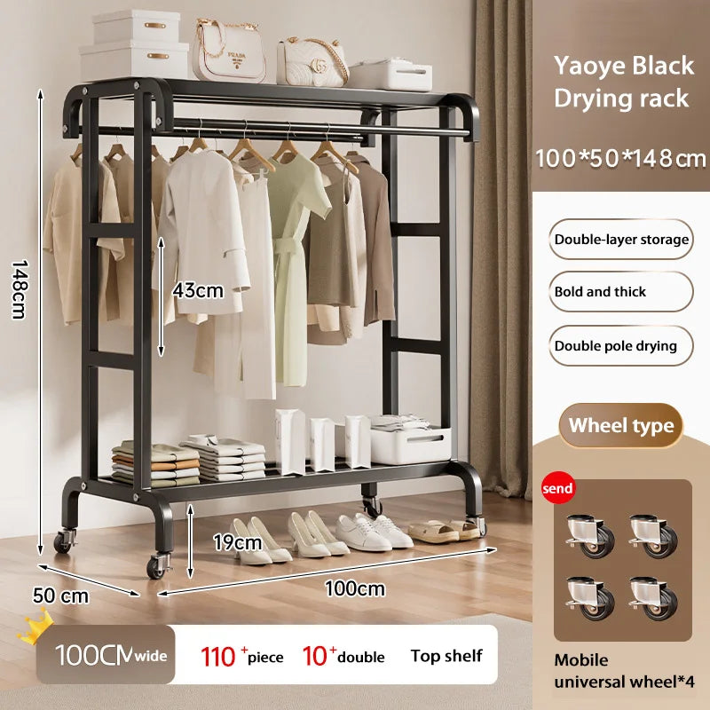 Movable Coat Rack With Universal Wheels Multifunctional Double-deck Simple Clothes Hanger Floor-Standing Bedroom Wardrobe