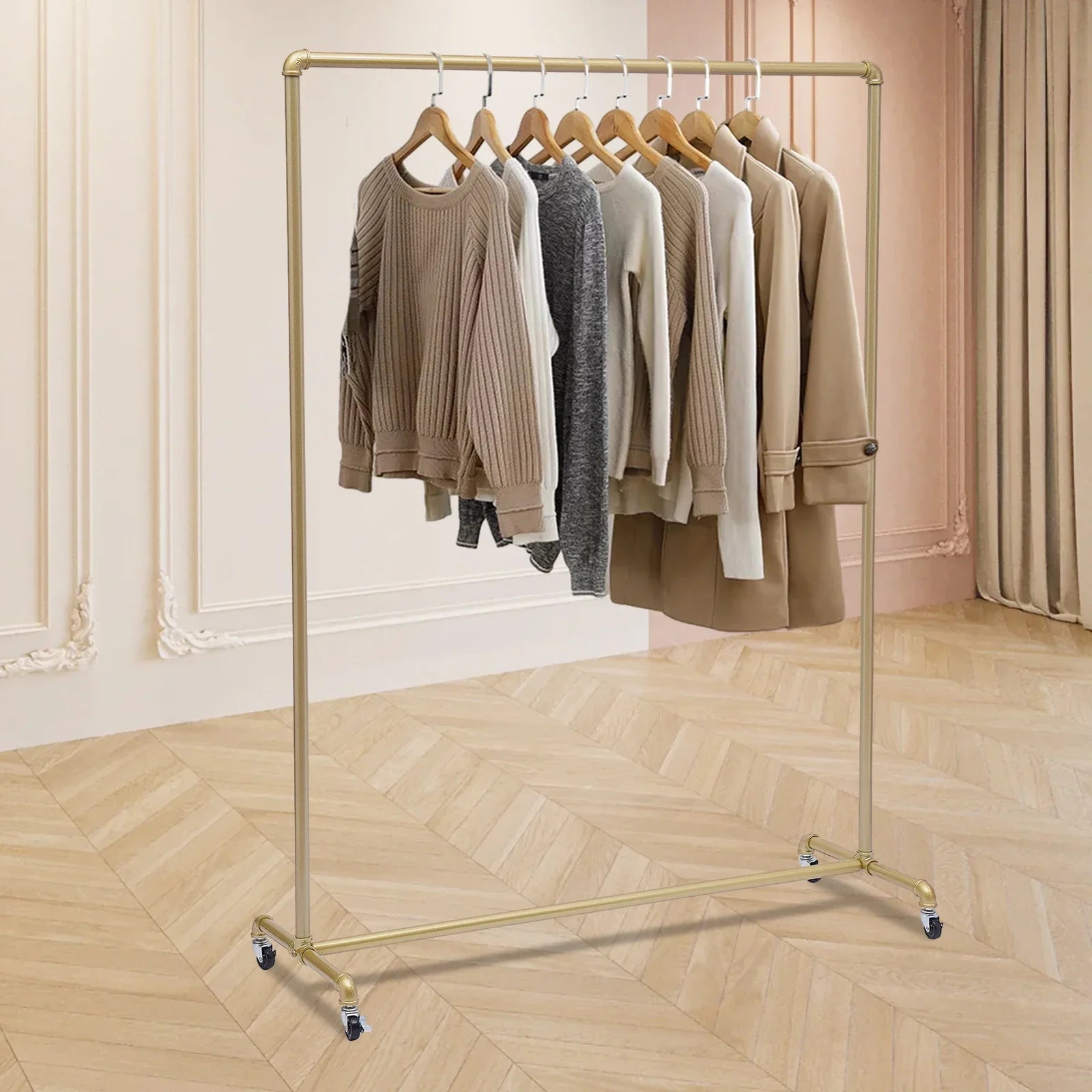 Floor Standing Galvanized Pipe Clothing Rack With Wheels  120*40*160cm Coat Rack For Family Clothes Display