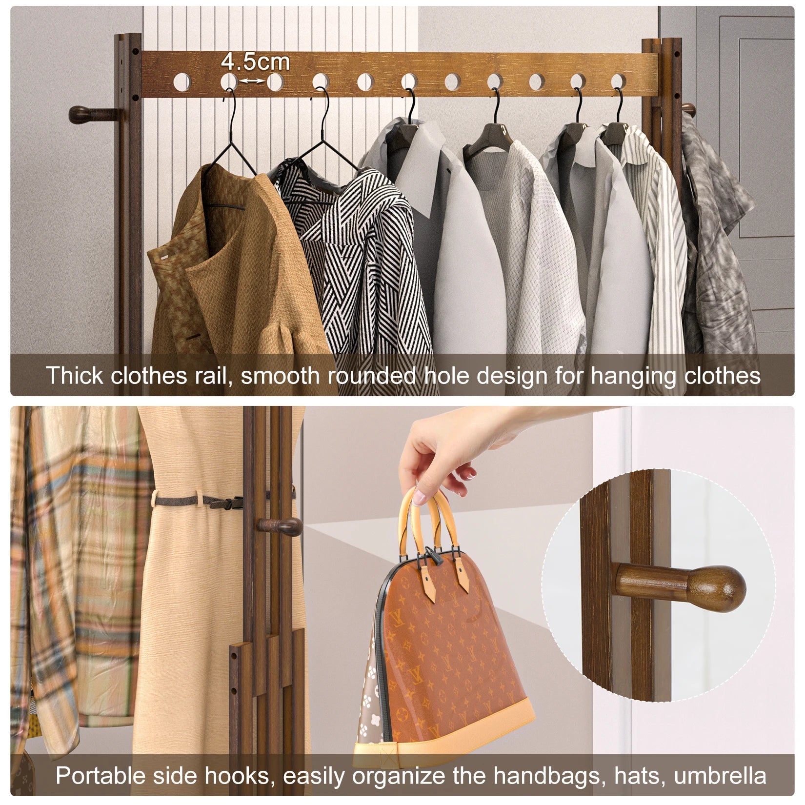 Hall Tree Hat and Coat Stand Entryway Hallway Clothes Rail Rack, 2 Shoe Shelves with Wheels, Open Wardrobe