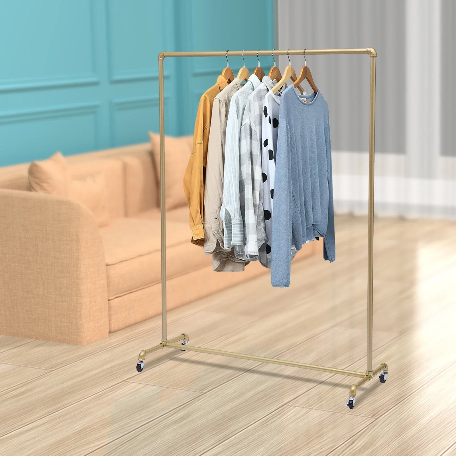 Floor Standing Galvanized Pipe Clothing Rack With Wheels  120*40*160cm Coat Rack For Family Clothes Display