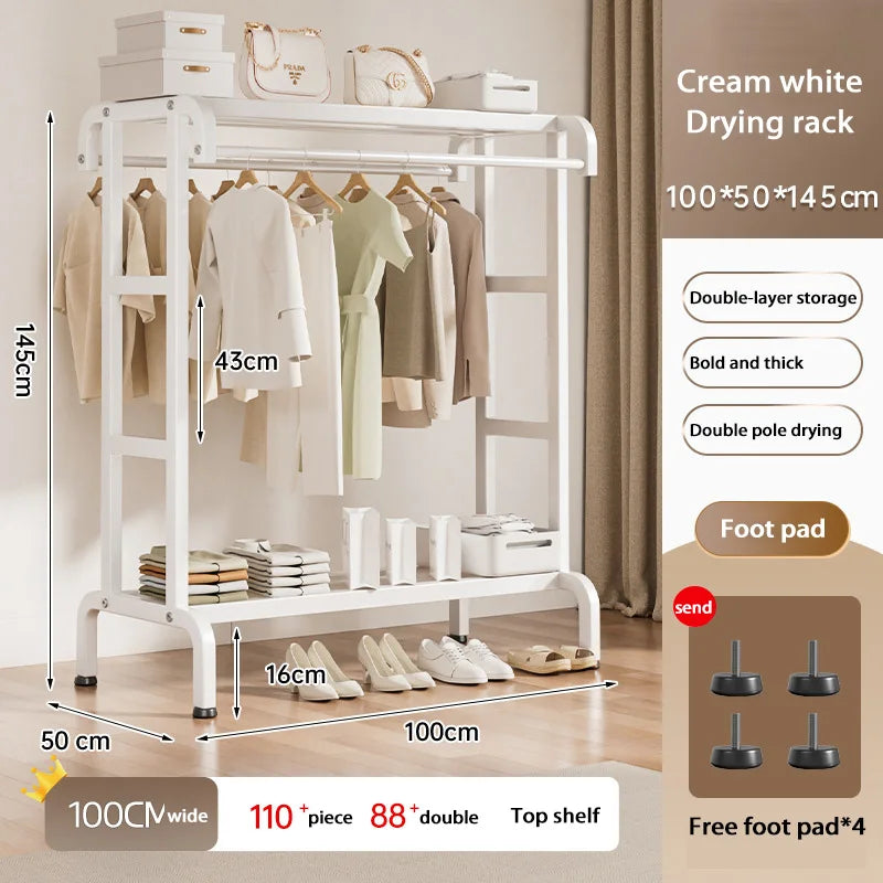 Movable Coat Rack With Universal Wheels Multifunctional Double-deck Simple Clothes Hanger Floor-Standing Bedroom Wardrobe