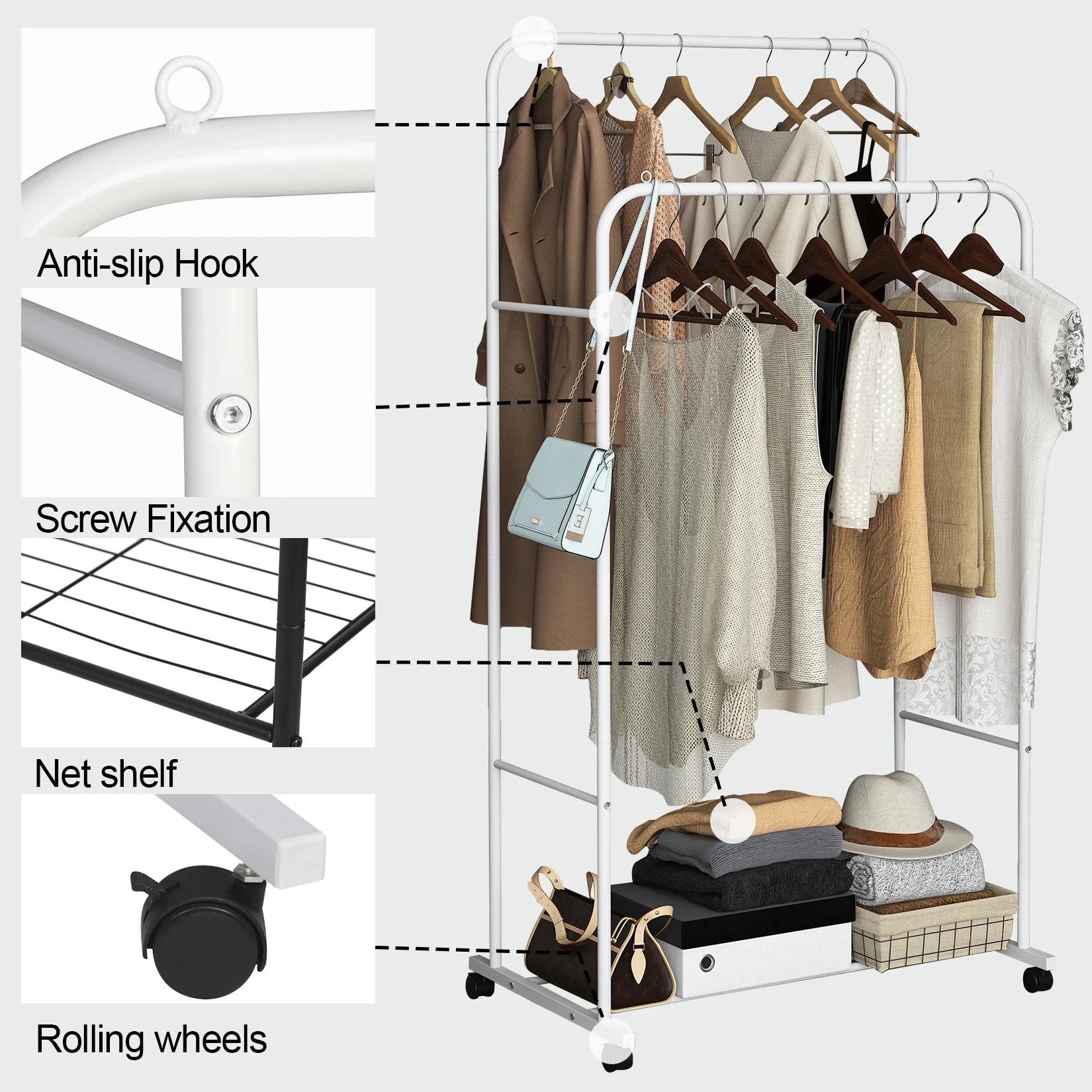 Heavy Metal Clothing Garment Rack, Cloth Hanger, Display Rack Stand with Wheel and Storage, Two Top Rod