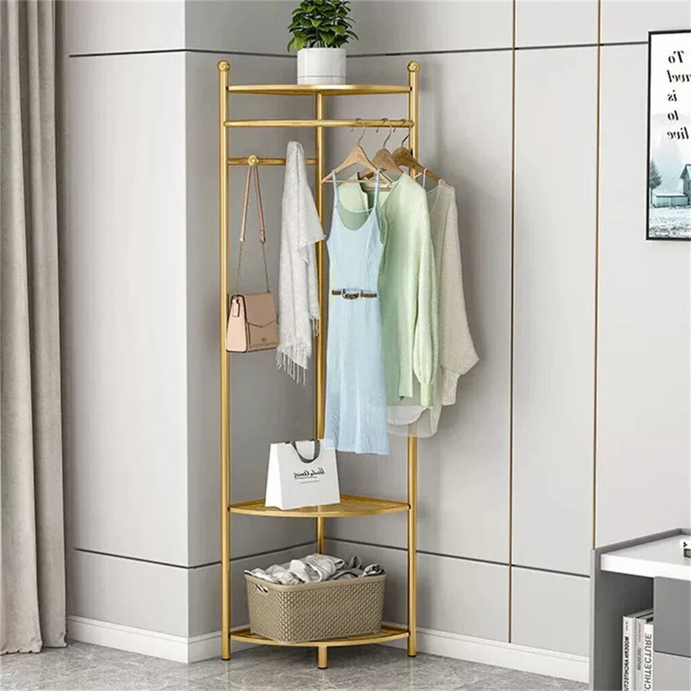 Freestanding Coat Rack with Shelve, Heavy Duty Corner Clothes, Hat Clothes Hall, Tree Stand, Gold Metal, Bedroom, Hallway