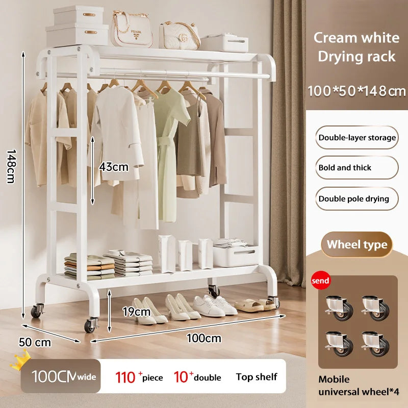 Movable Coat Rack With Universal Wheels Multifunctional Double-deck Simple Clothes Hanger Floor-Standing Bedroom Wardrobe