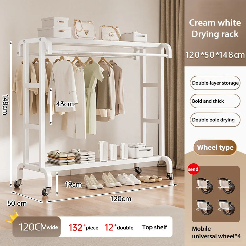 Movable Coat Rack With Universal Wheels Multifunctional Double-deck Simple Clothes Hanger Floor-Standing Bedroom Wardrobe