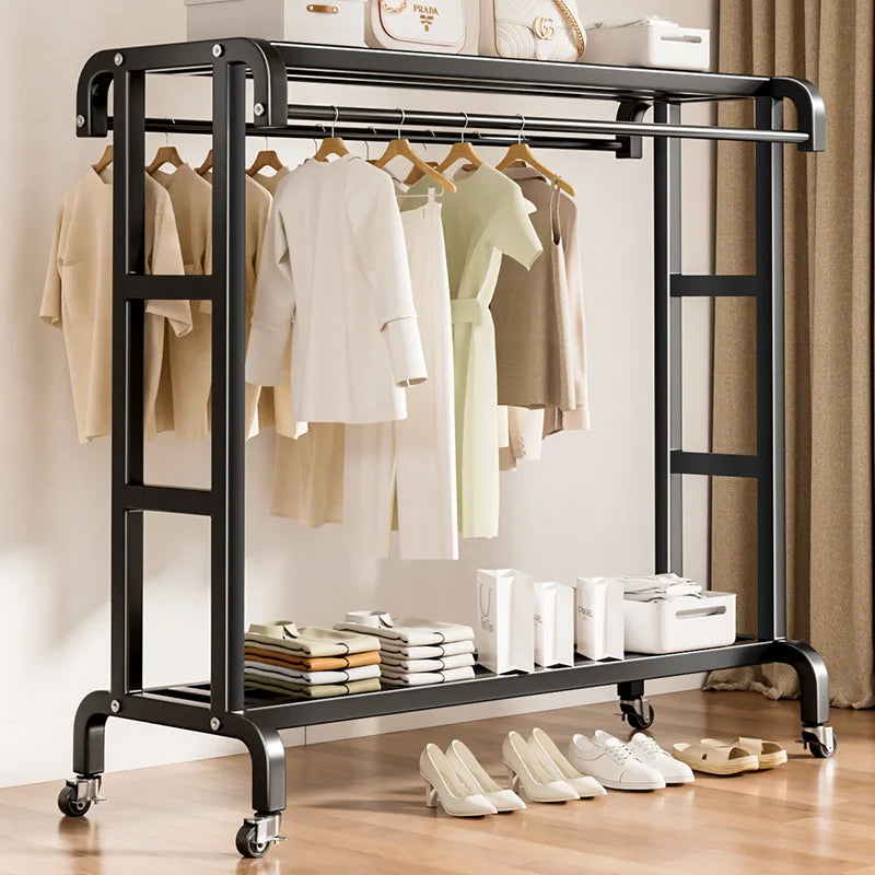 Movable Coat Rack With Universal Wheels Multifunctional Double-deck Simple Clothes Hanger Floor-Standing Bedroom Wardrobe