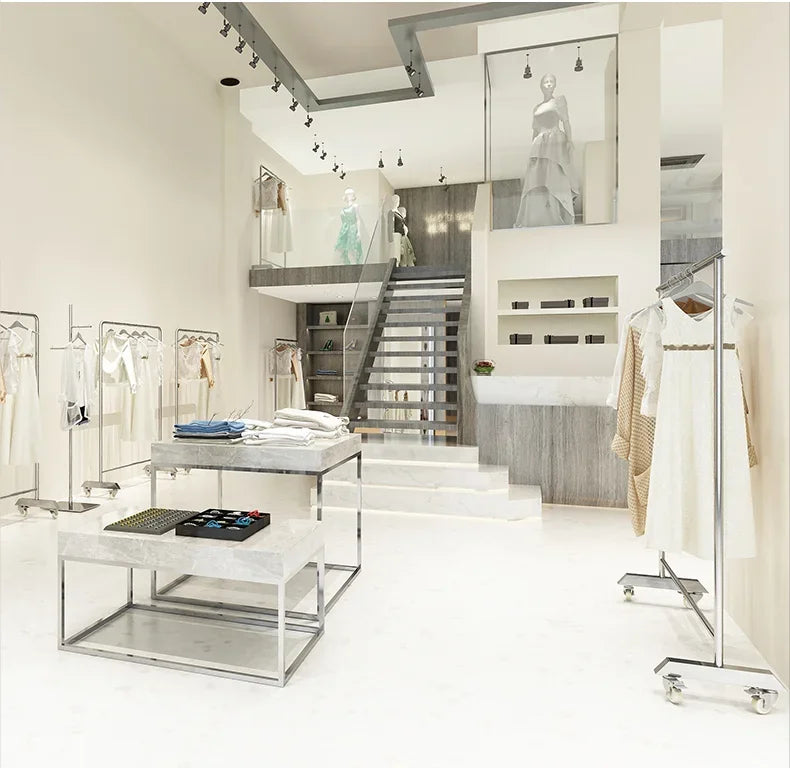 Floor-To-Ceiling Adjustable Stand Mobile Clothes Rail With Wheel Clothing Shop Stainless Steel Display Rack