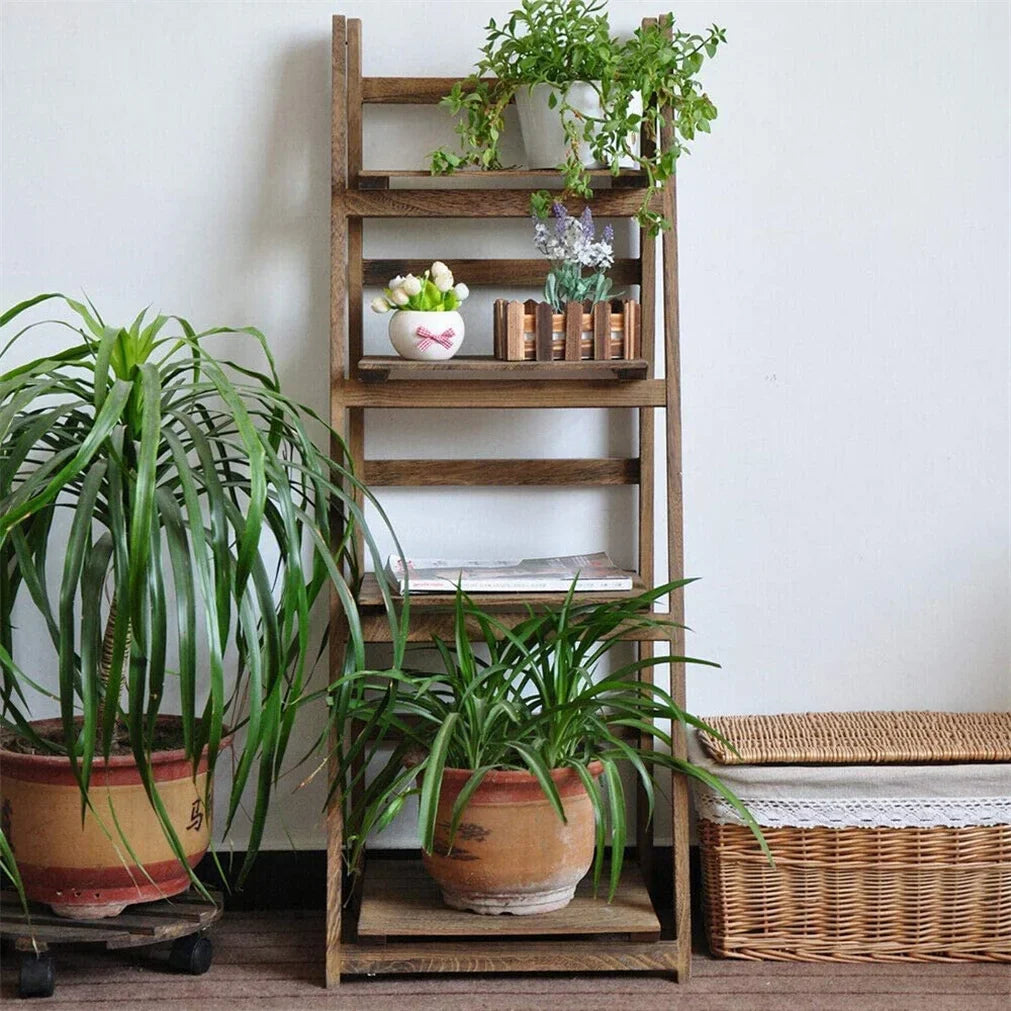 Folding 4 Tier Ladder Shelf, Storage Shelving Unit, Wooden Bookcase, Plant Flower Display Rack, Indoor Rack