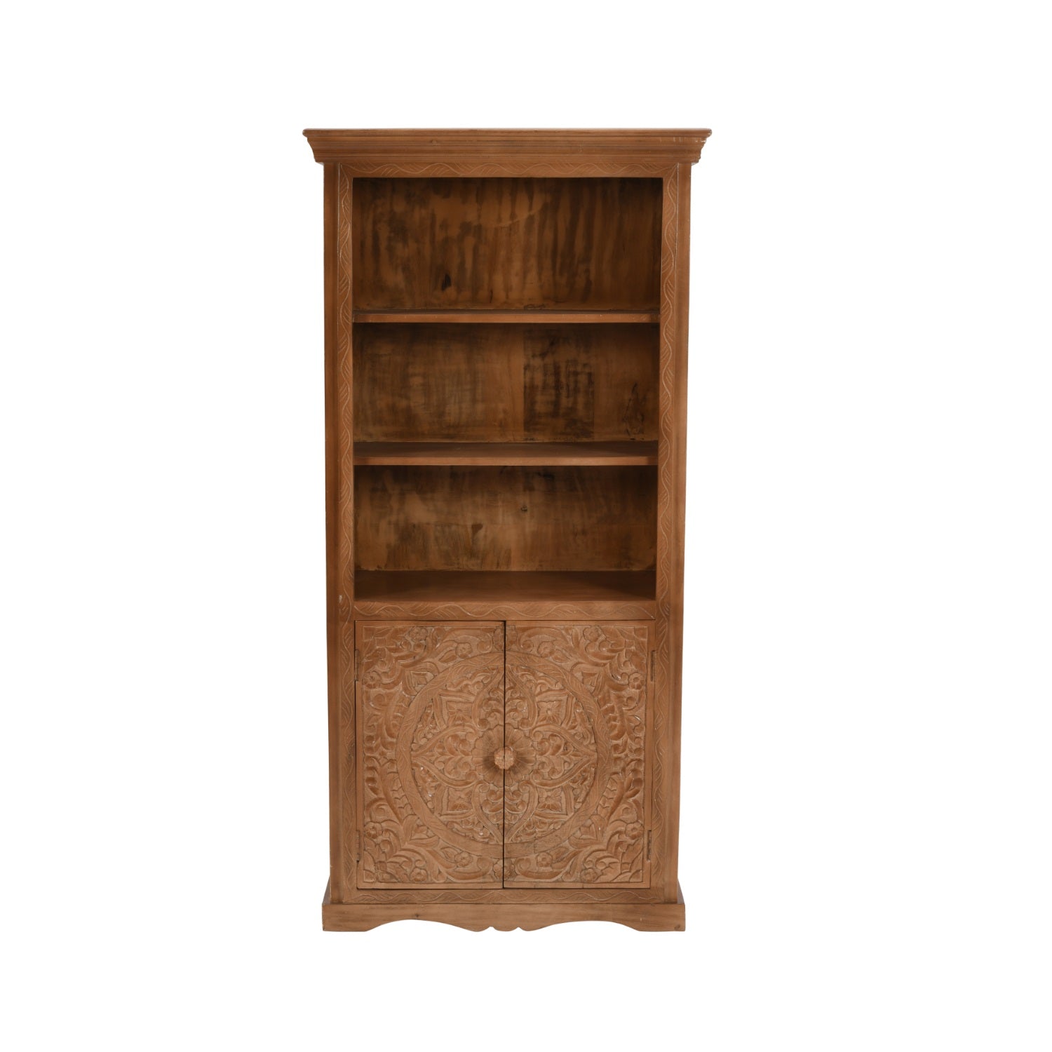 Carved Mango Wood Large Corner Bookcase   3 Shelving & 1 Door