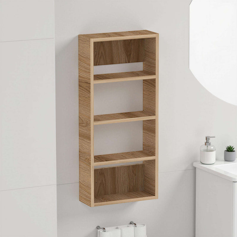 Wall-mounted multipurpose cabinet in dark oak effect with four open shelves