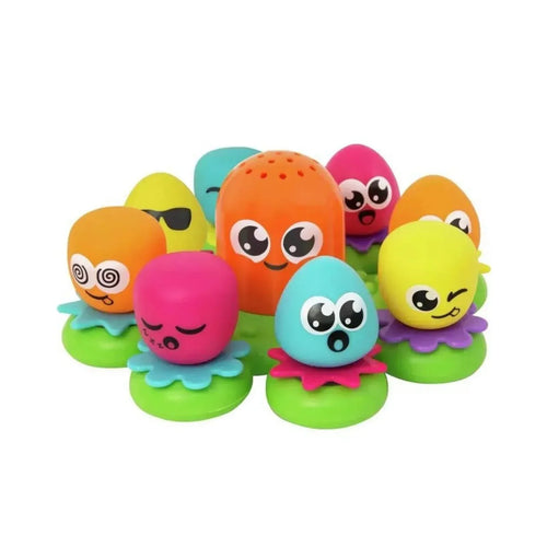 Set of eight colorful octopus bath toys with smiling faces and suction bases