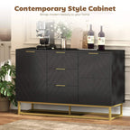 Black contemporary cabinet with geometric panels and gold bar handles on gold-toned legs