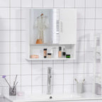 White bathroom mirror cabinet with open doors and interior shelves for toiletries