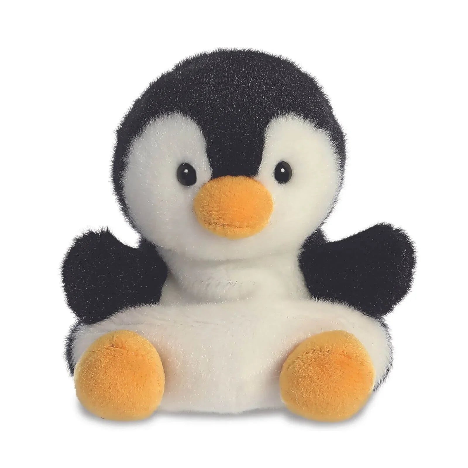 Front view penguin plush toy with black-and-white fur and orange beak and padded feet.