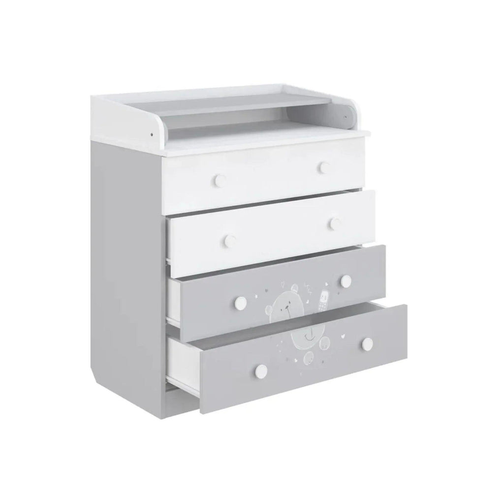 Grey and white changing dresser with teddy panel, open drawer step and round knobs