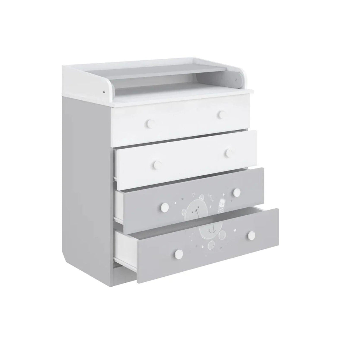 Grey and white changing dresser with teddy panel, open drawer step and round knobs