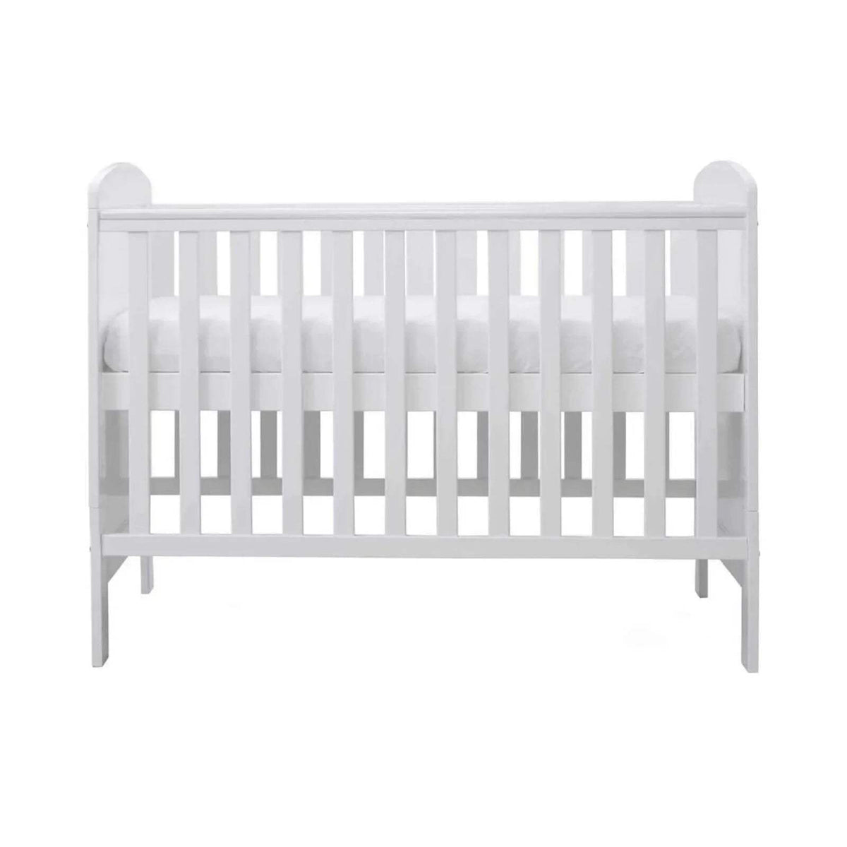 White mini cot bed front view with vertical slats and support rails, without mattress