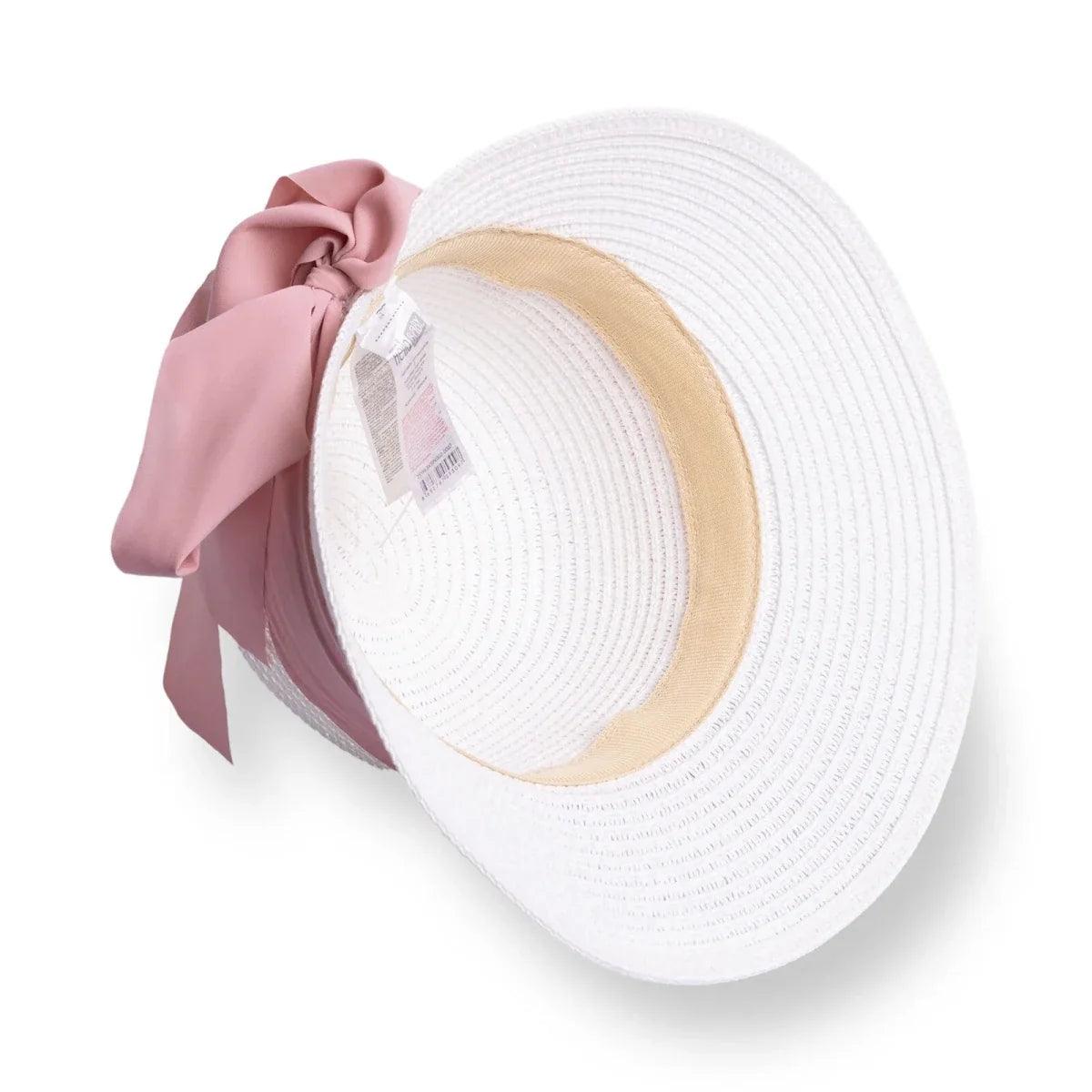 White straw baby sun hat with pink bow and inner beige sweatband