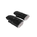 Black heated snuggle mitts with soft gray faux-fur cuffs and round power button
