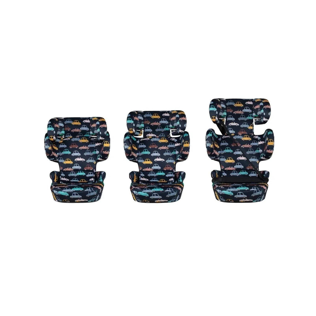 Kids car seat front views, navy car pattern upholstery and padded headrest
