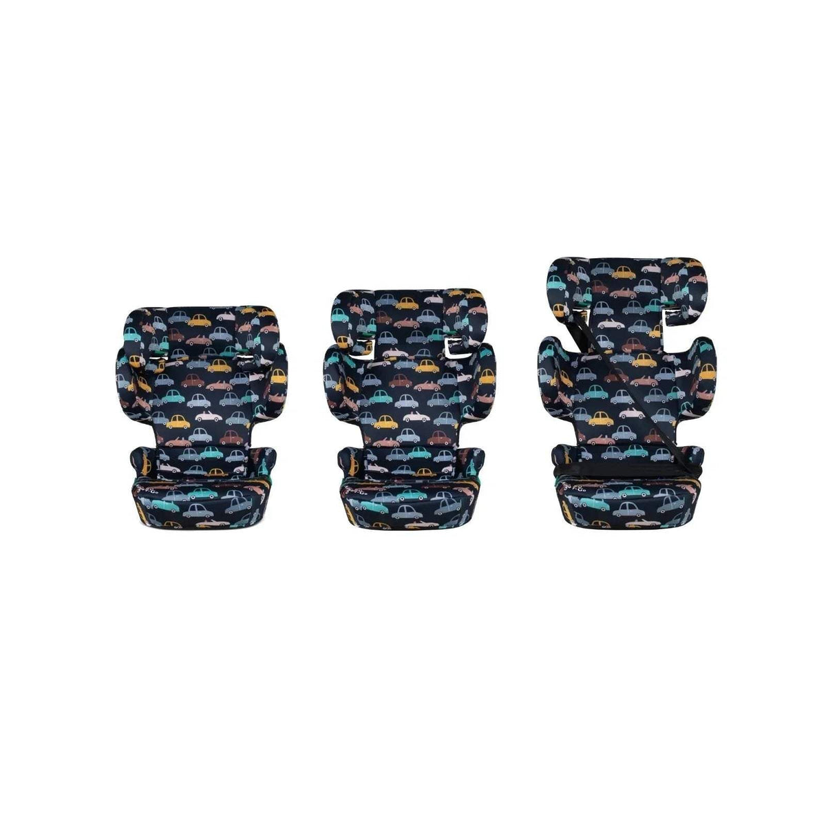 Kids car seat front views, navy car pattern upholstery and padded headrest