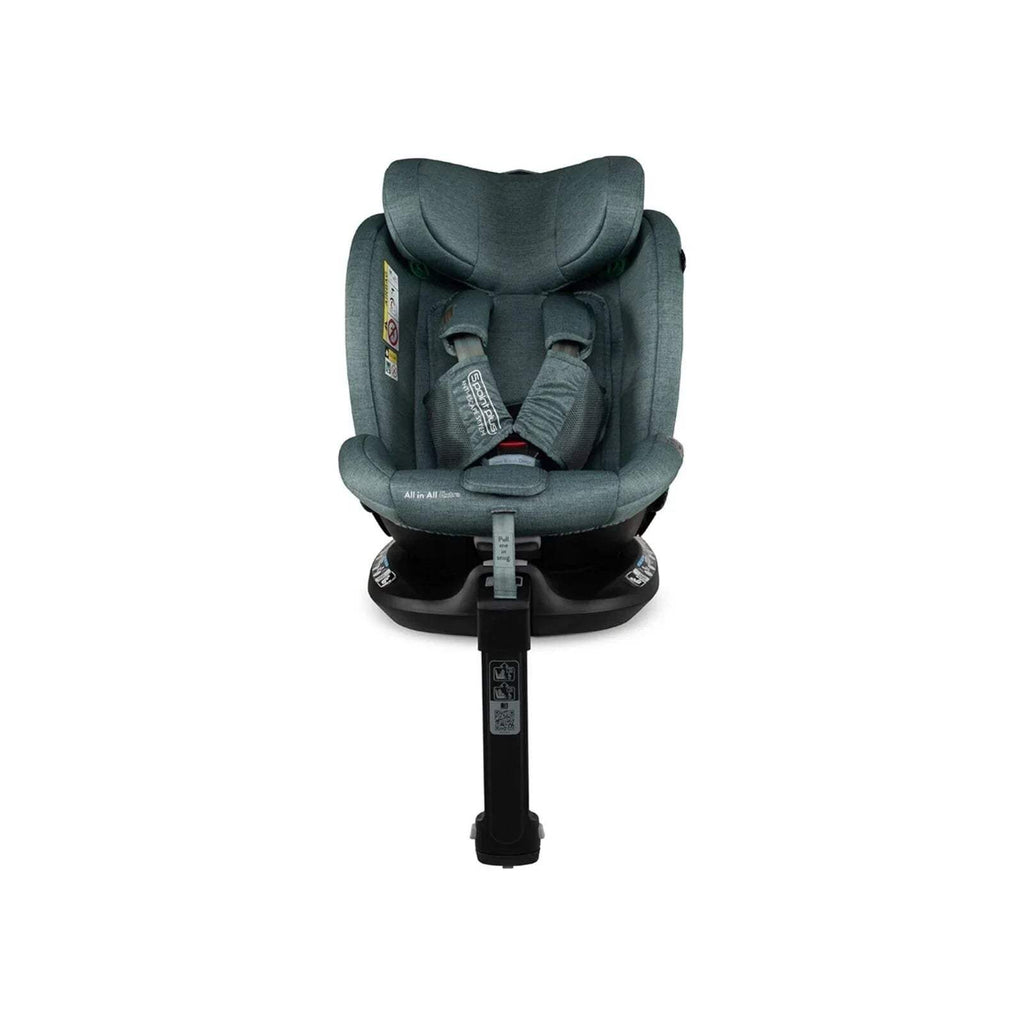Meadow green car seat with padded harness and central buckle, rear view