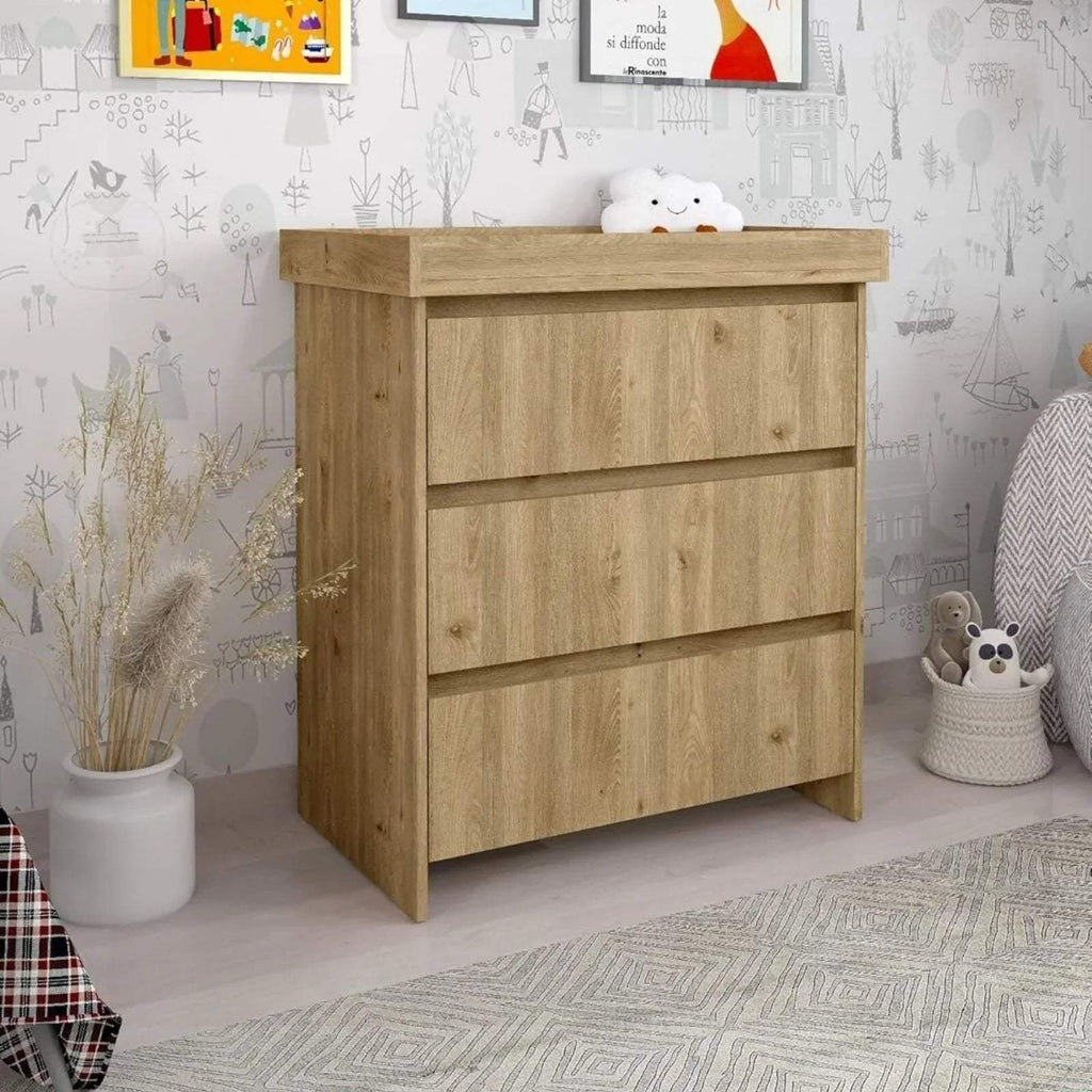 Light oak kids baby changing unit with three front drawers and open top