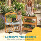Outdoor play kitchen set with sink, stove burners, and lower shelf