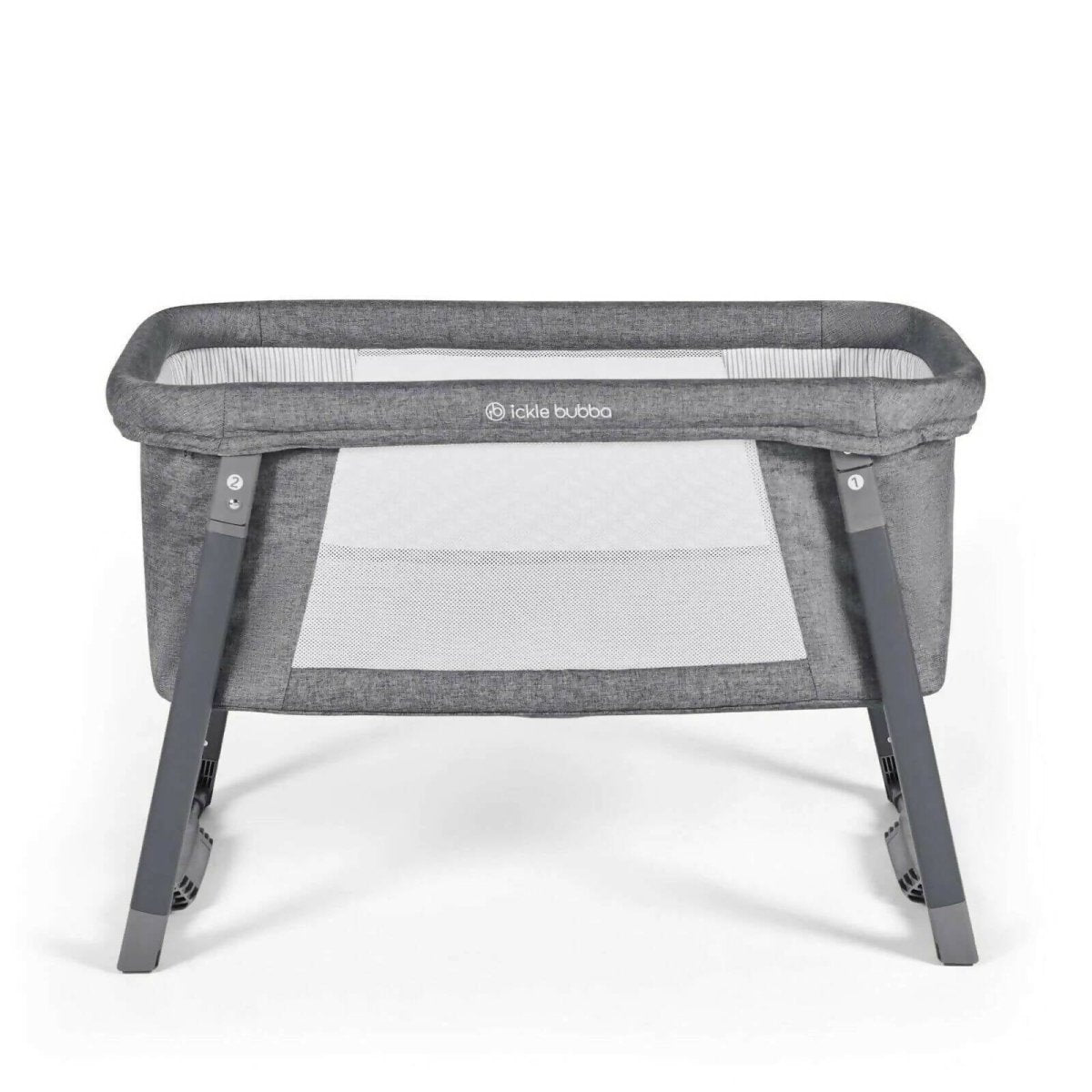 Space Grey mini crib with gray frame and light fabric bassinet insert panel.
