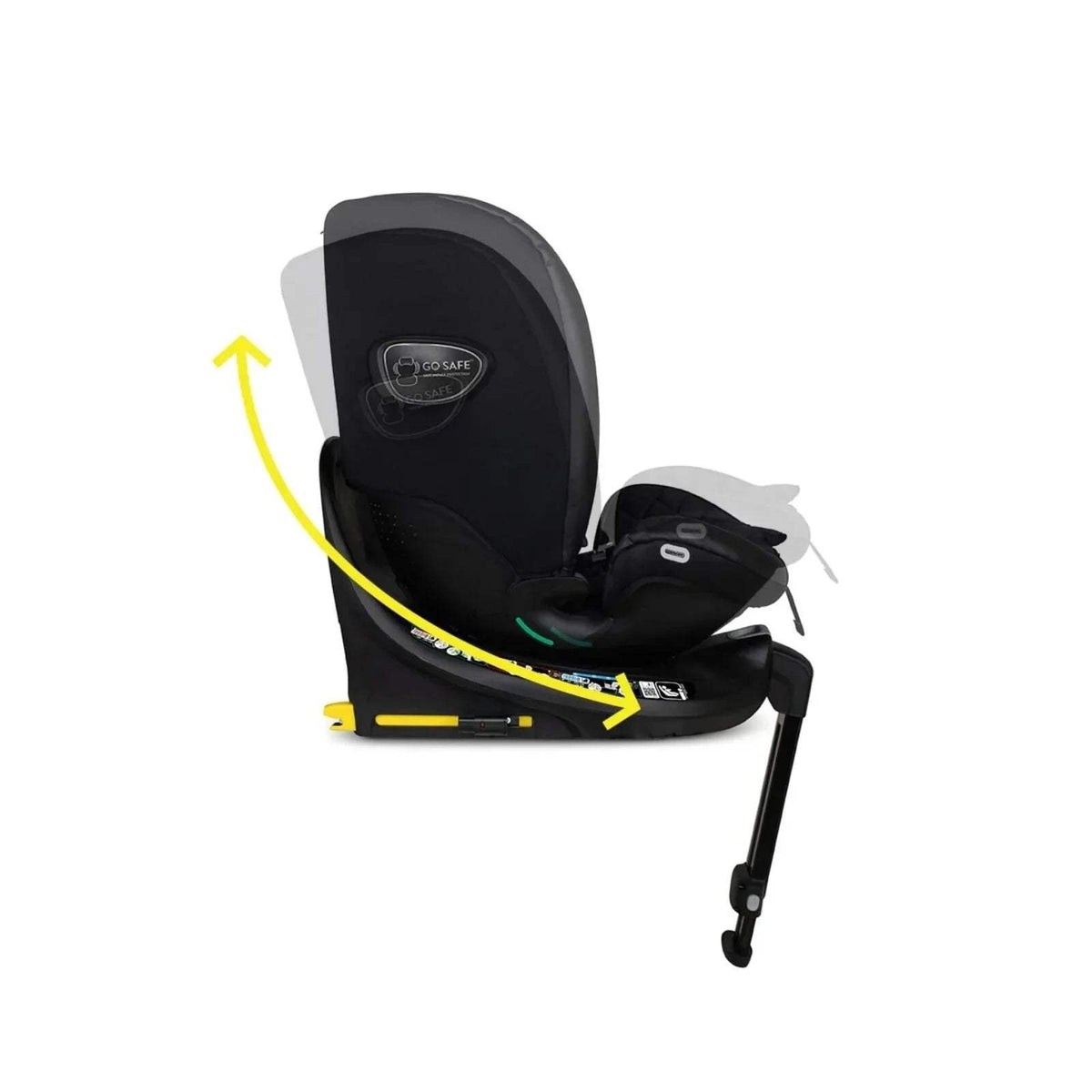 Cosatto i-Size 360 car seat rear three-quarter view, black shell and padded headrest