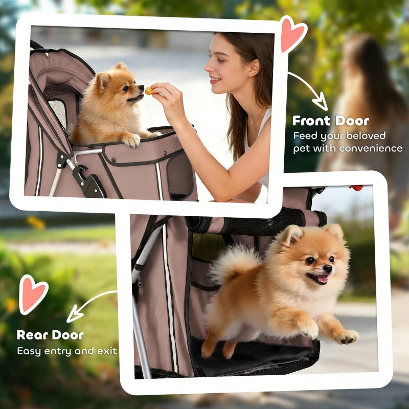 Brown dog stroller with front feeding door and rear door for easy entry
