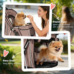 Brown dog stroller with front feeding door and rear door for easy entry
