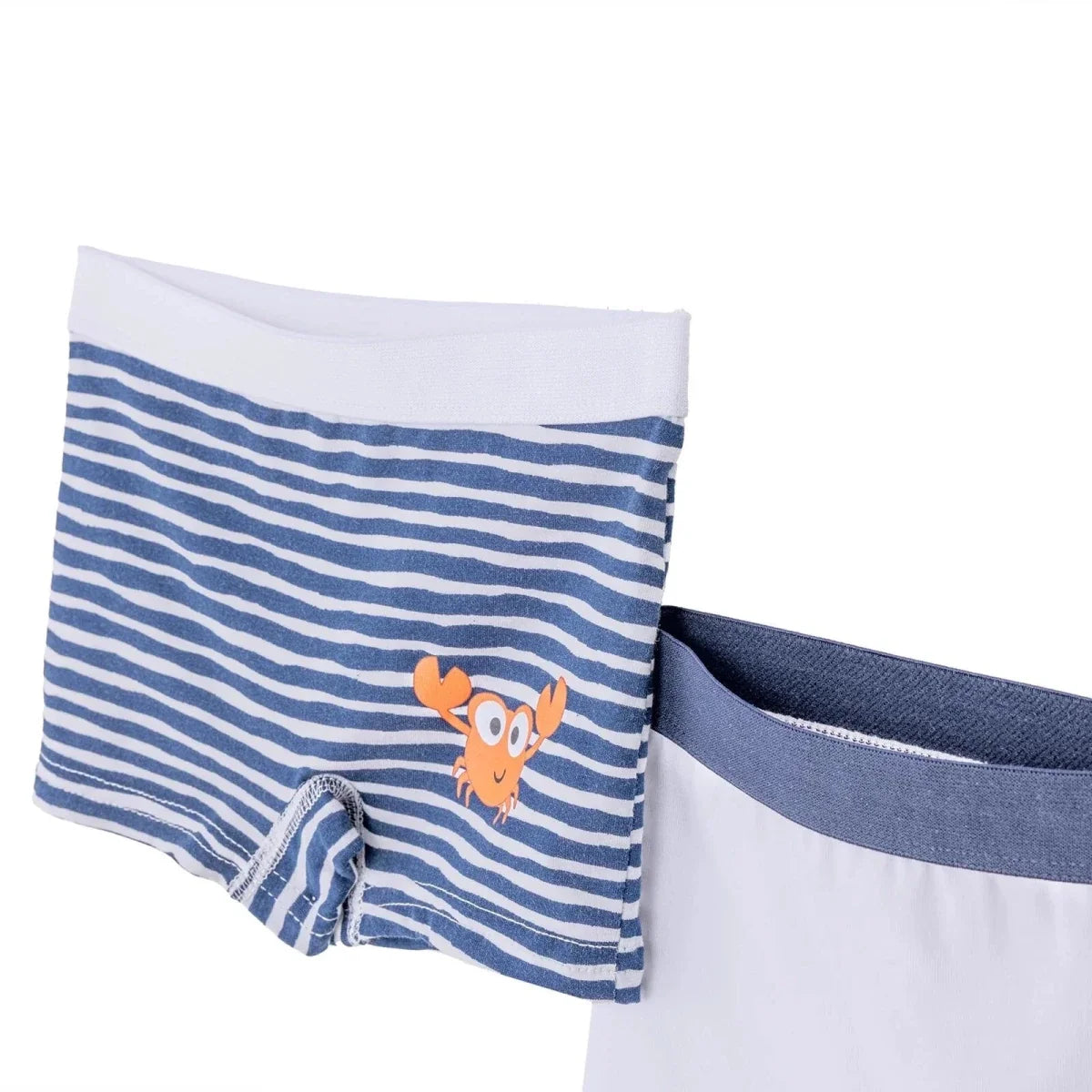 Boys navy blue striped knickers with orange crab front graphic and blue waistband