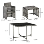Grey rattan dining set size guide showing table 109x109 cm and chair dimensions