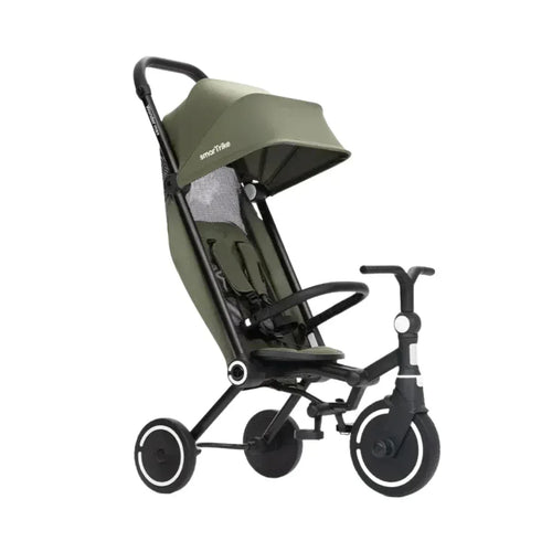 Three-wheel dark green stroller trike with canopy and three small wheels