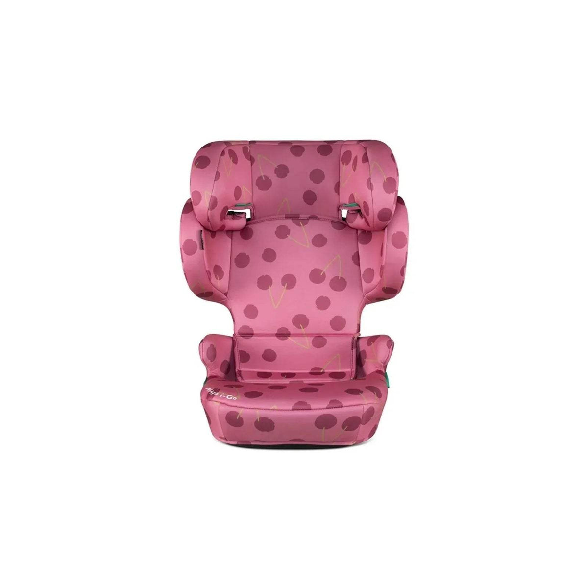 Cherry Pie patterned child car seat with cushioned headrest and harness pads, front view