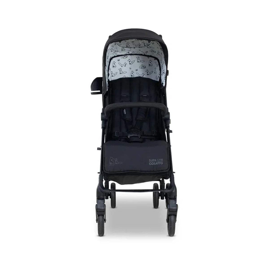 Lightweight stroller with black frame and patterned canopy, rear center view