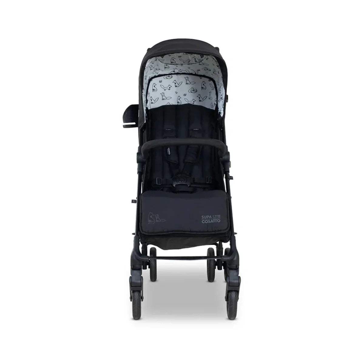 Lightweight stroller with black frame and patterned canopy, rear center view