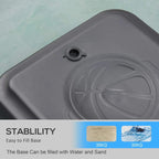 Black weighted base for basketball hoop stand with fill opening, stability close-up