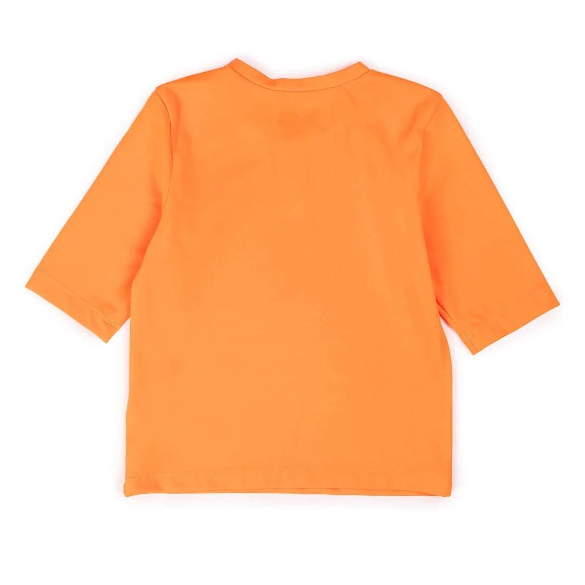 HelloBaby short sleeve baby swim top in neon orange, back view, plain design.