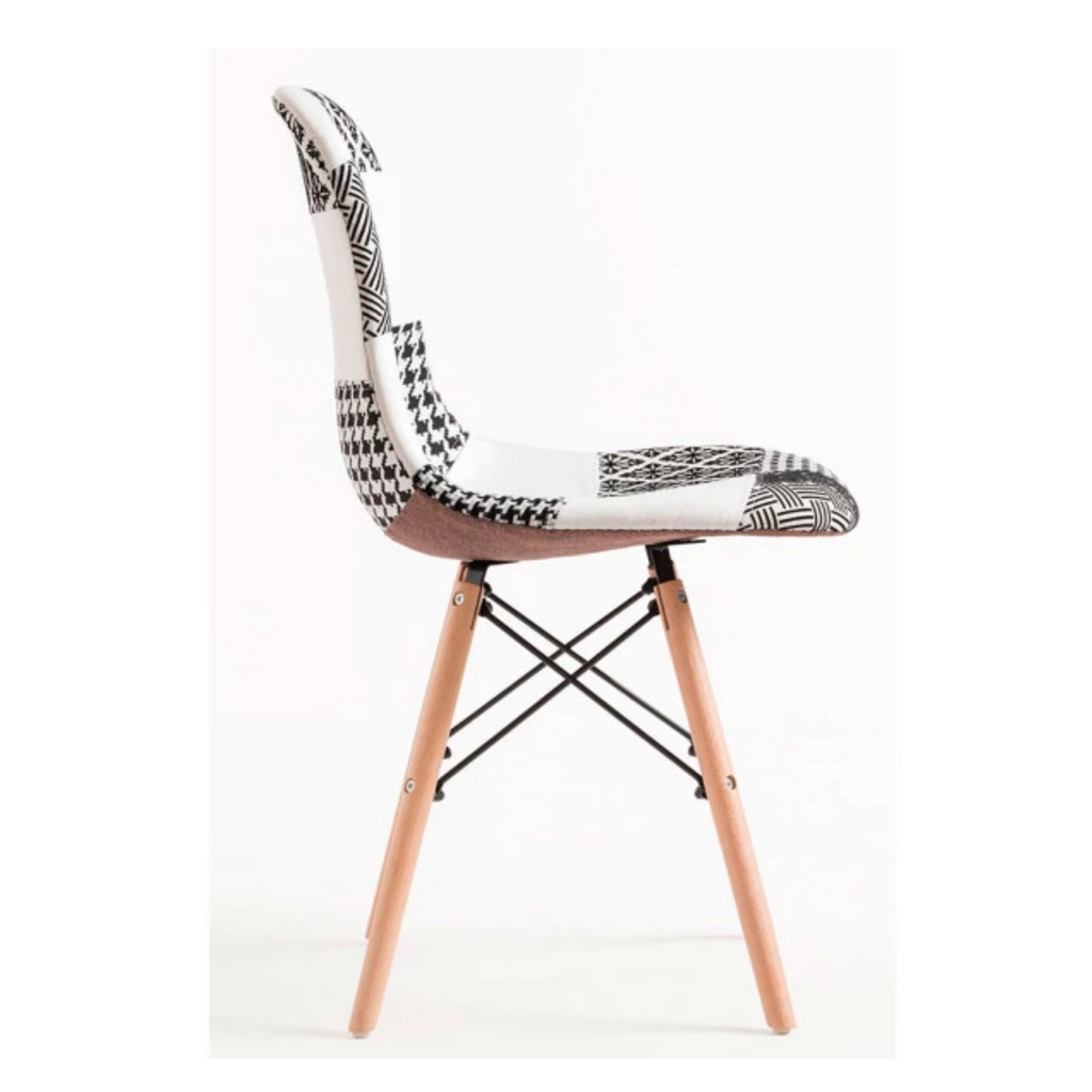 Black/White Patchwork Modern Dining Chair with Wooden Legs & Black Metal Wire Frame